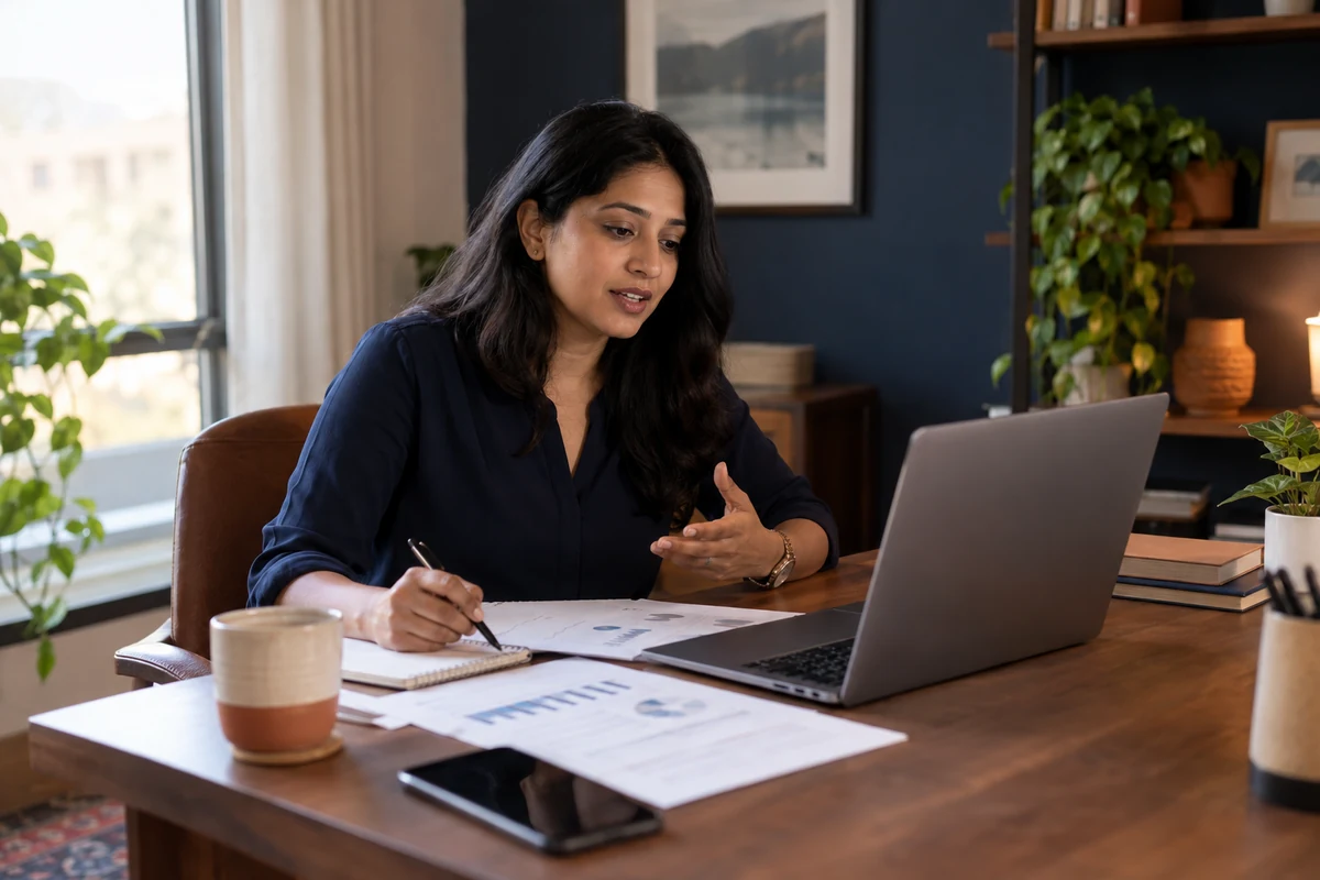 Remote finance officer reviewing work at a desk