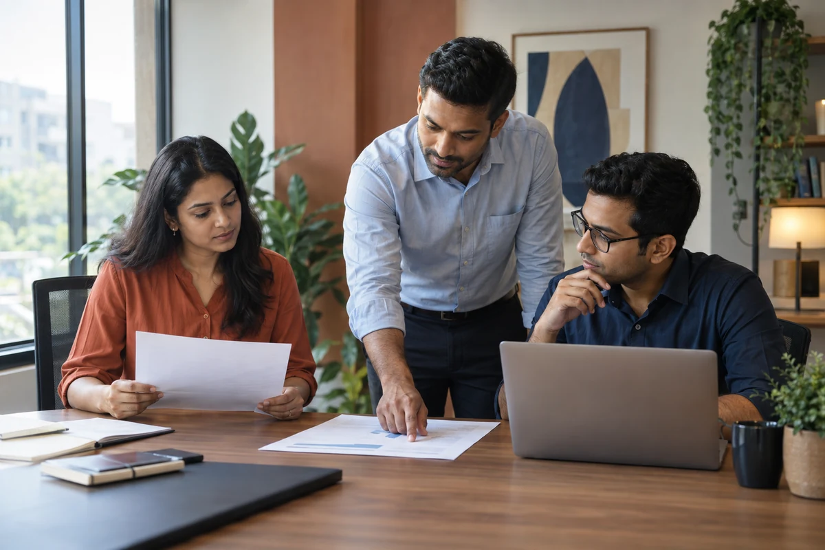 Illustrative scene of three remote finance professionals working through a report together